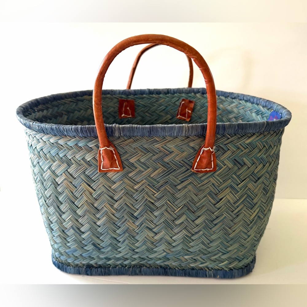 Woven Blue Straw Tote with Brown Leather Handles